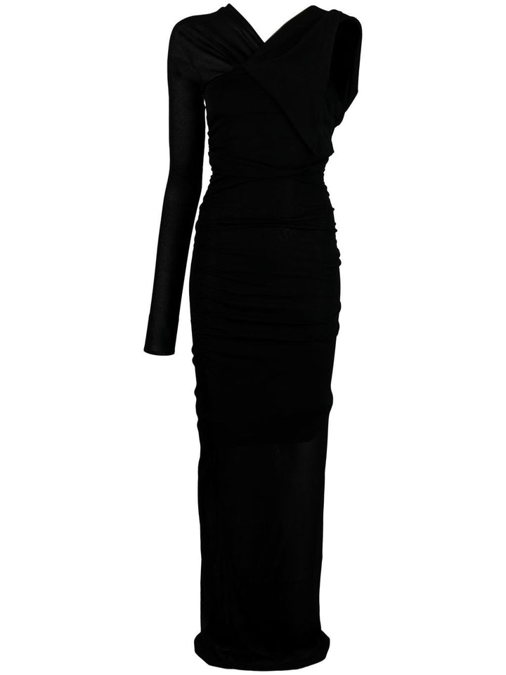 Saint Laurent Schwarzes, drapiertes langes Kleid mit einem Ärmel