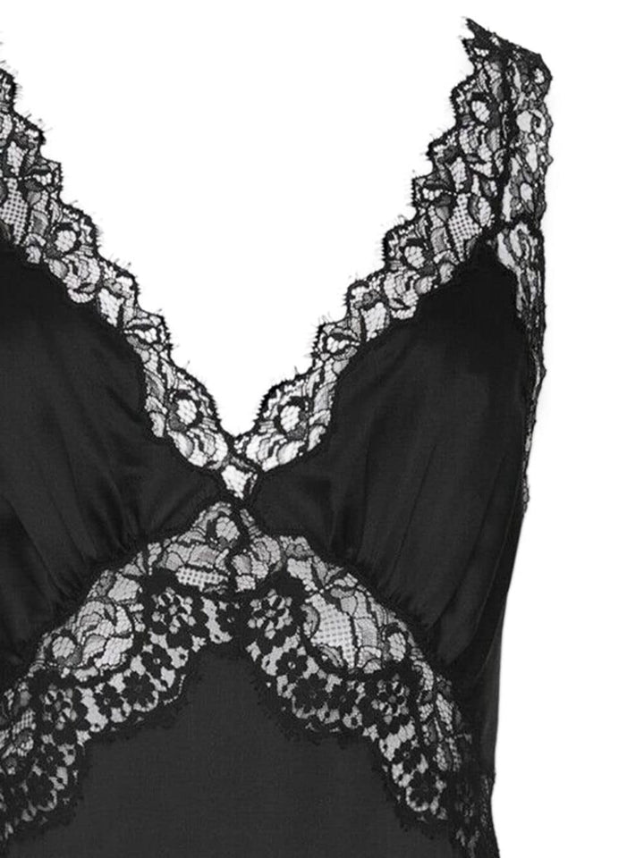 Saint Laurent – ​​Schwarzes Seidenkleid mit Spitzeneinsätzen