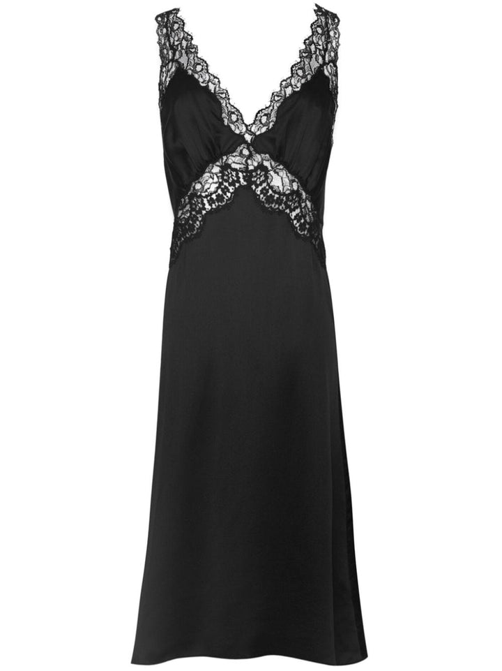 Saint Laurent – ​​Schwarzes Seidenkleid mit Spitzeneinsätzen