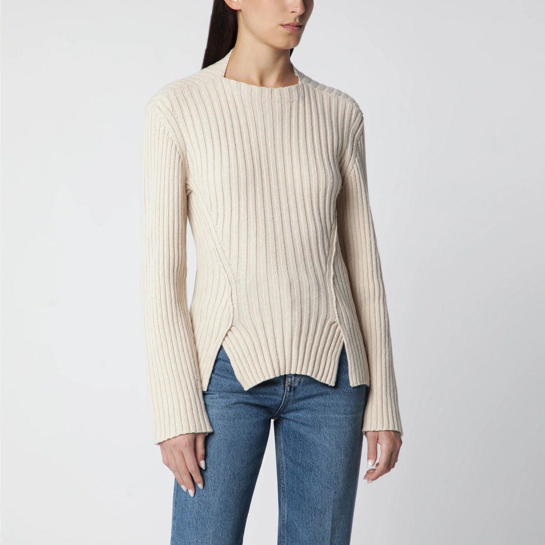 Victoria Beckham - Ribbed Sweater in Beige Wool and Cashmere