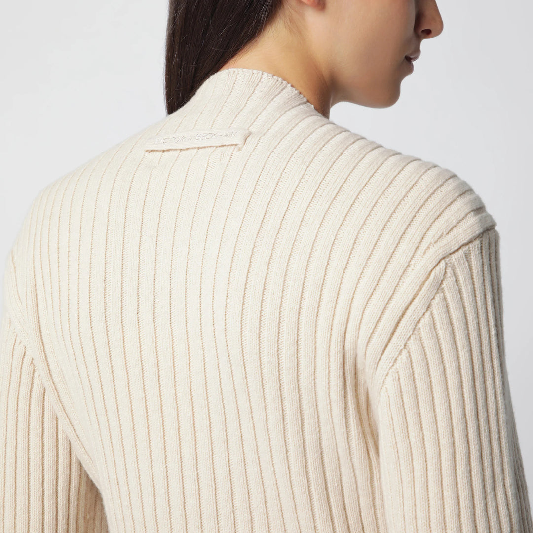 Victoria Beckham - Ribbed Sweater in Beige Wool and Cashmere