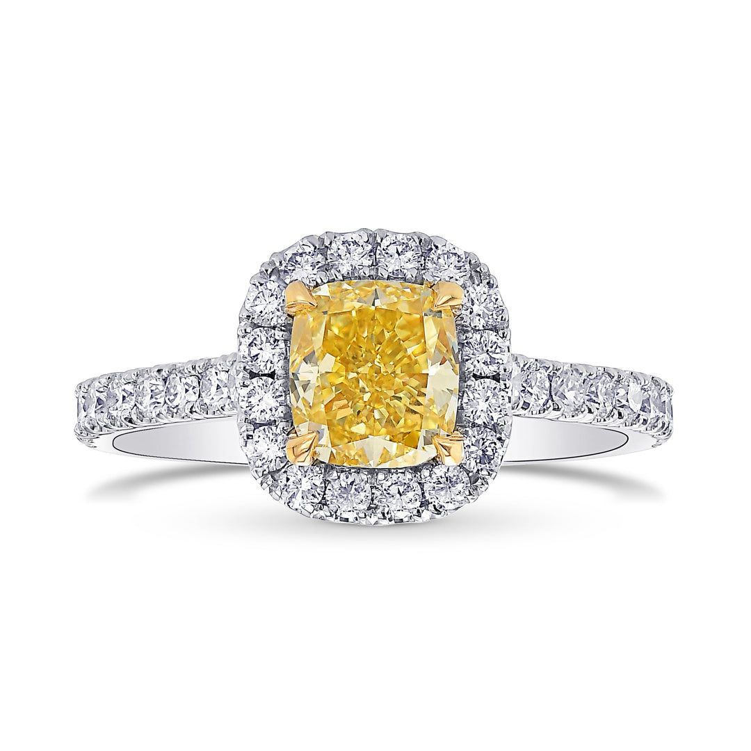 Leibish Fancy Vivid Yellow Cushion Diamond Halo Ring