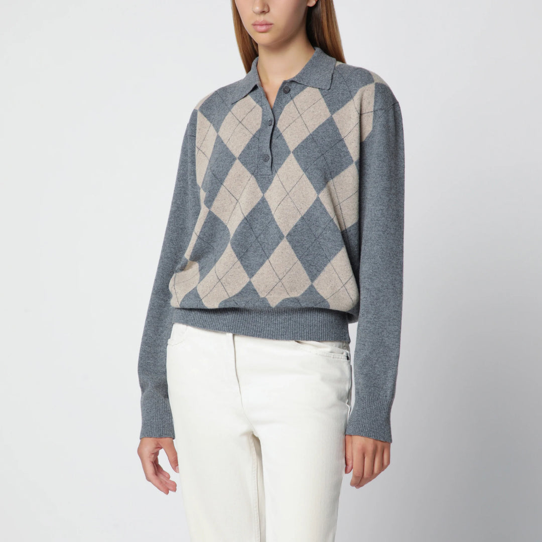 Róhe - Grey polo with beige Argyle pattern in wool blend