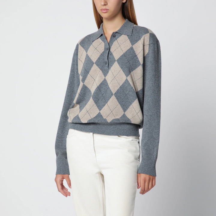 Róhe - Grey polo with beige Argyle pattern in wool blend