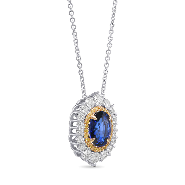 Leibish Royal Blue Oval Sapphire and Diamond Double Halo Pendant