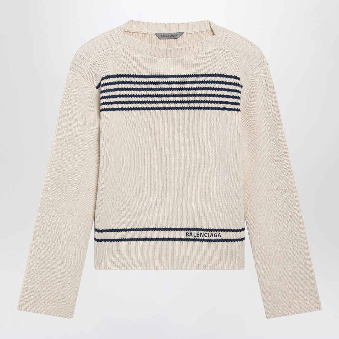 Balenciaga - Boat-neck ribbed cotton sweater in navy/white