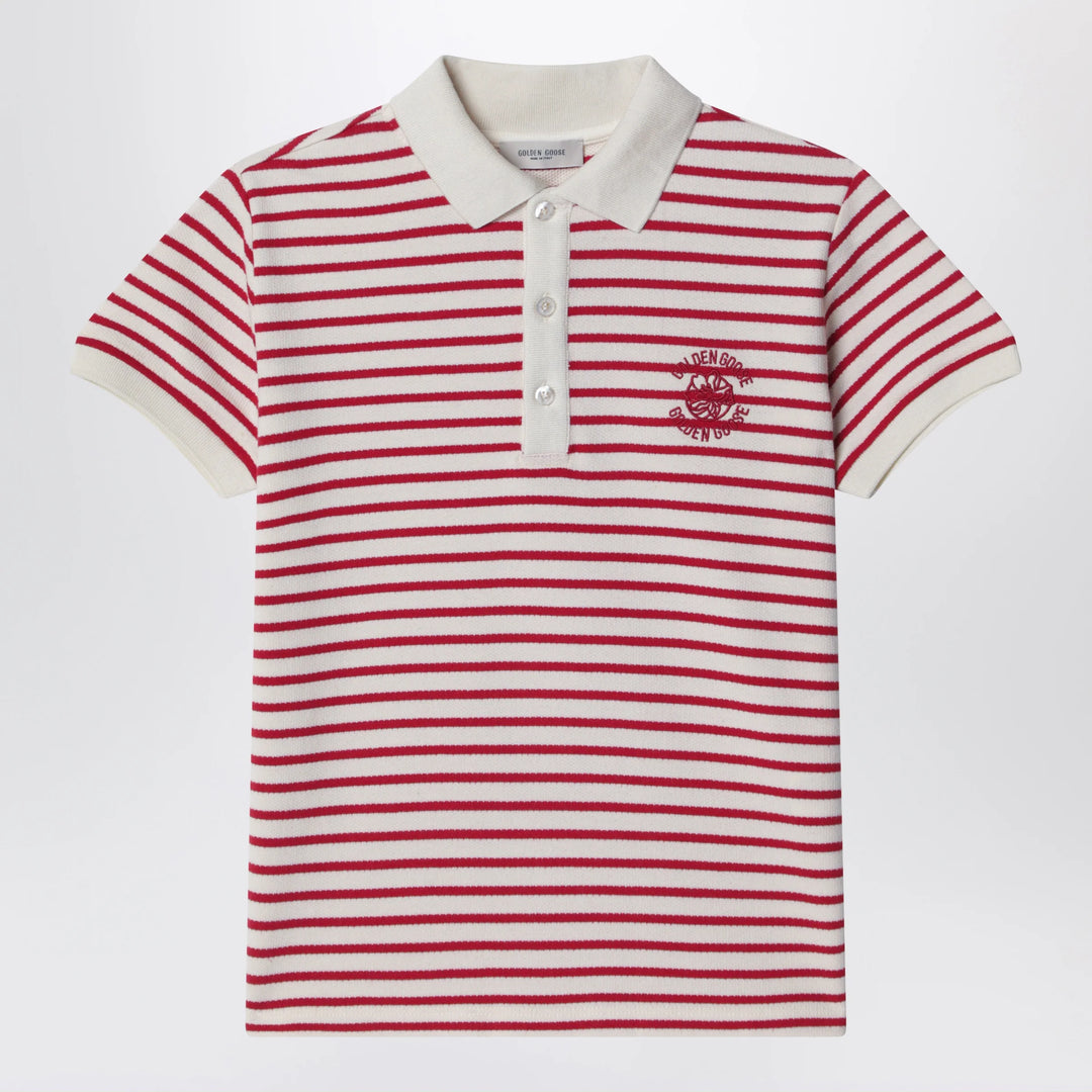 Golden Goose - White/red striped polo shirt with logo embroidery