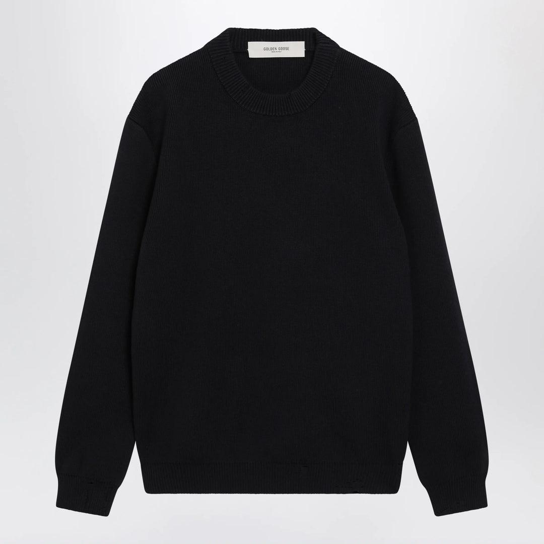 Golden Goose - Dark Blue Cotton-Blend Sweater with Distressed Effect