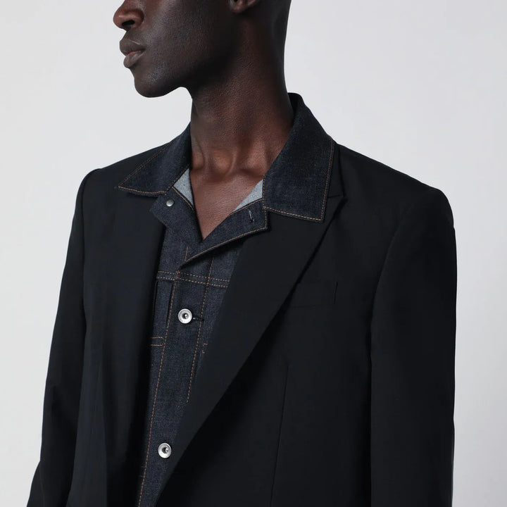 Sacai - Black single-breasted jacket with denim insert Brand Apparel &amp; Accessories > Clothing > Outerwear > Coats &amp; Jackets