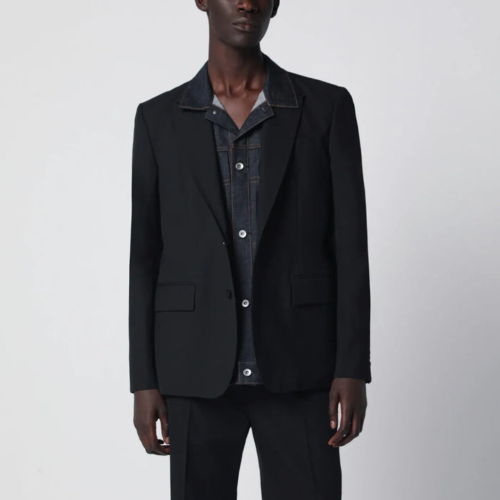 Sacai - Black single-breasted jacket with denim insert Brand Apparel &amp; Accessories > Clothing > Outerwear > Coats &amp; Jackets