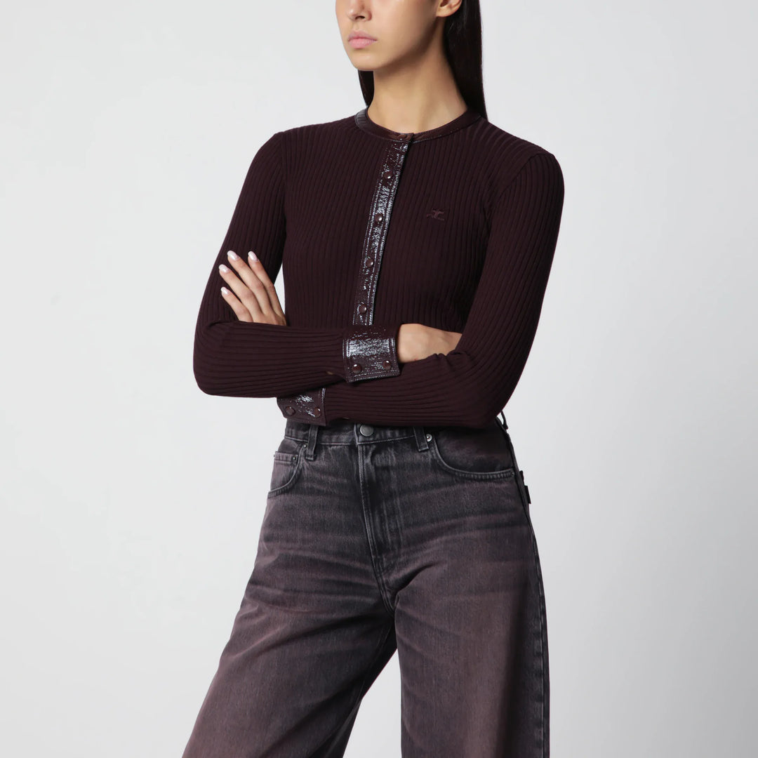 Courrèges - Ribbed knit cardigan with vinyl trim in burgundy Brand Apparel & Accessories > Clothing > Shirts & Tops S