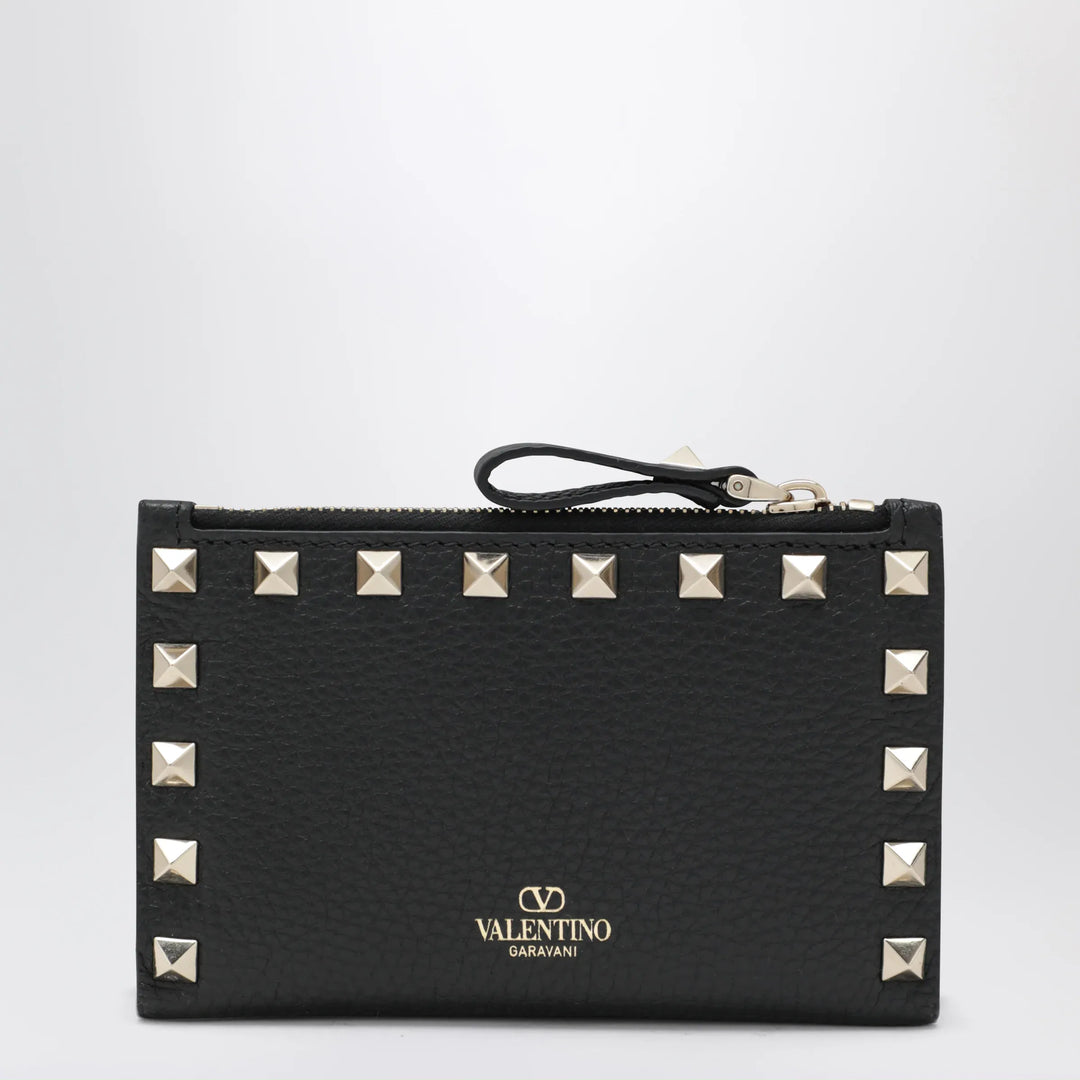 Valentino Garavani - Black Leather Rockstud Zip Card Holder Brand Apparel &amp; Accessories U