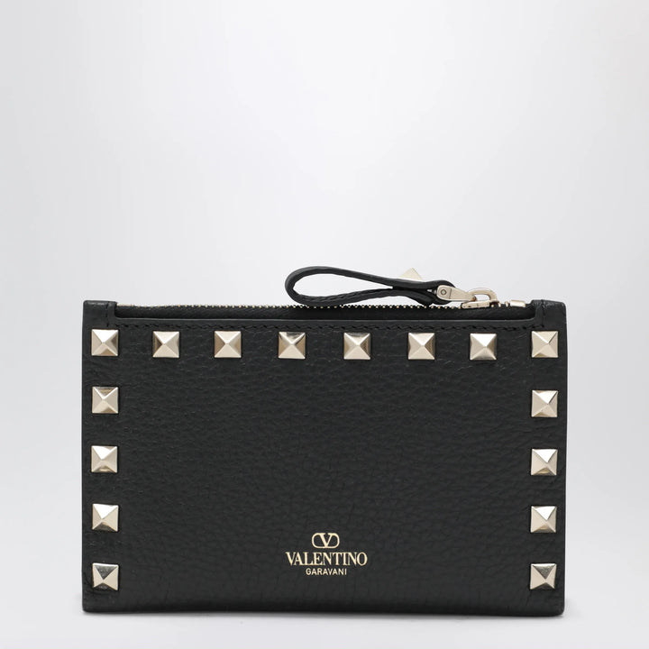 Valentino Garavani - Black Leather Rockstud Zip Card Holder Brand Apparel &amp; Accessories U