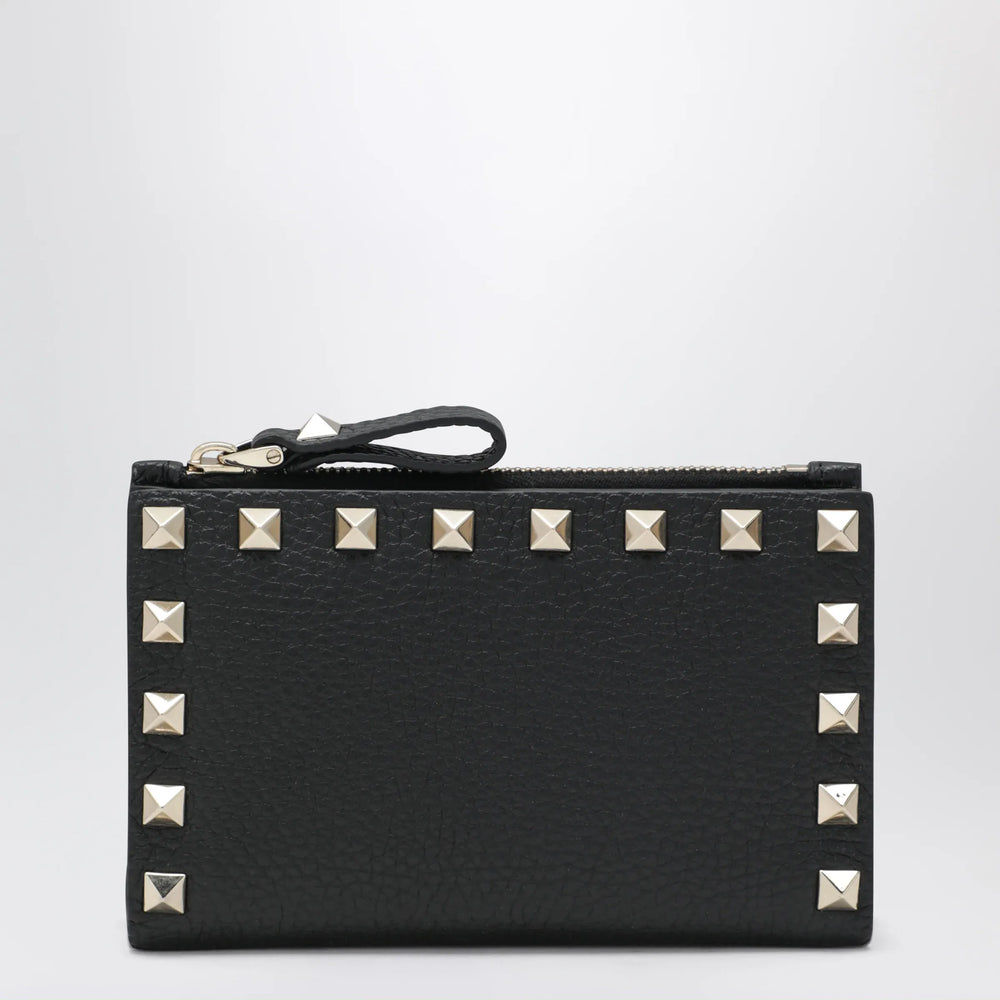 Valentino Garavani - Black Leather Rockstud Zip Card Holder Brand Apparel & Accessories U