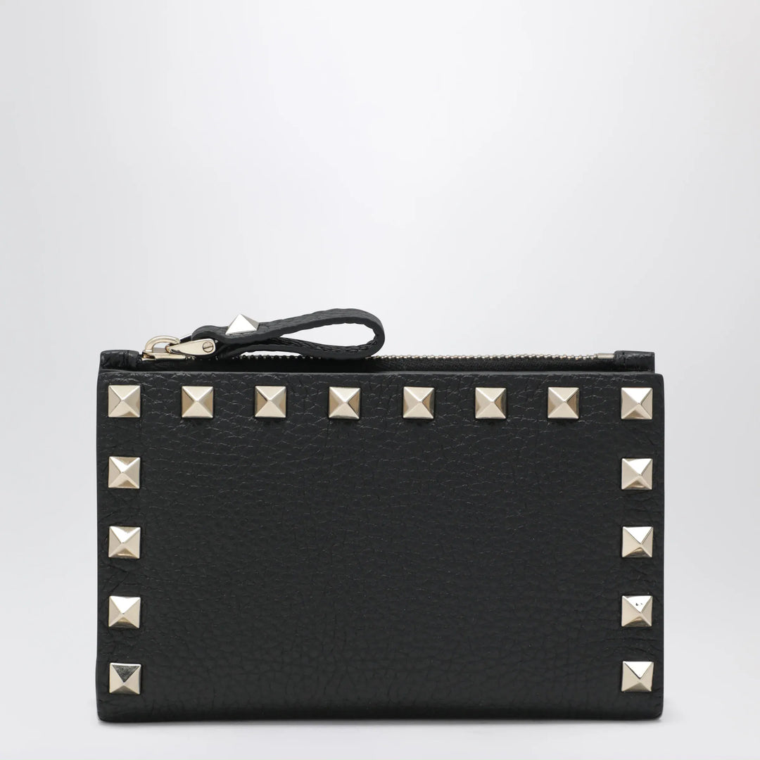 Valentino Garavani - Black Leather Rockstud Zip Card Holder Brand Apparel &amp; Accessories U