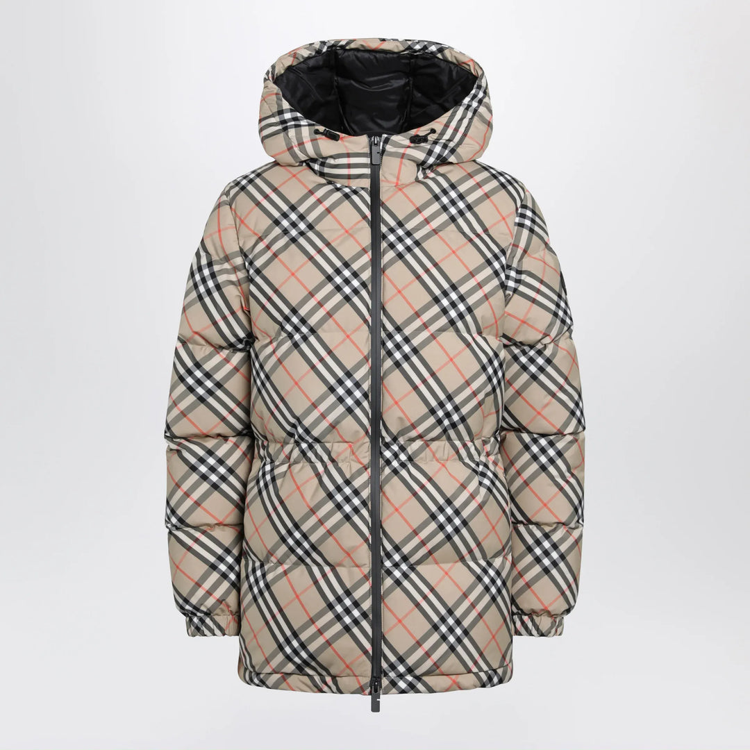 Burberry - Hooded check nylon puffer jacket in sand Brand S
