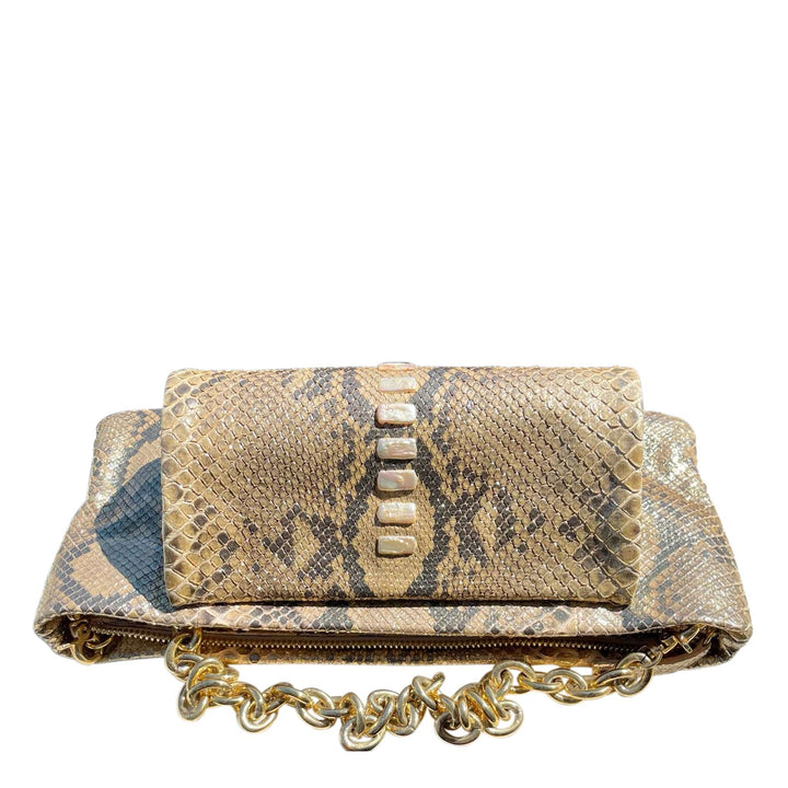 Italian Luxury Group Clutch Pearly Gold Python Clutch With Nacre' Pearls Decoration Brand