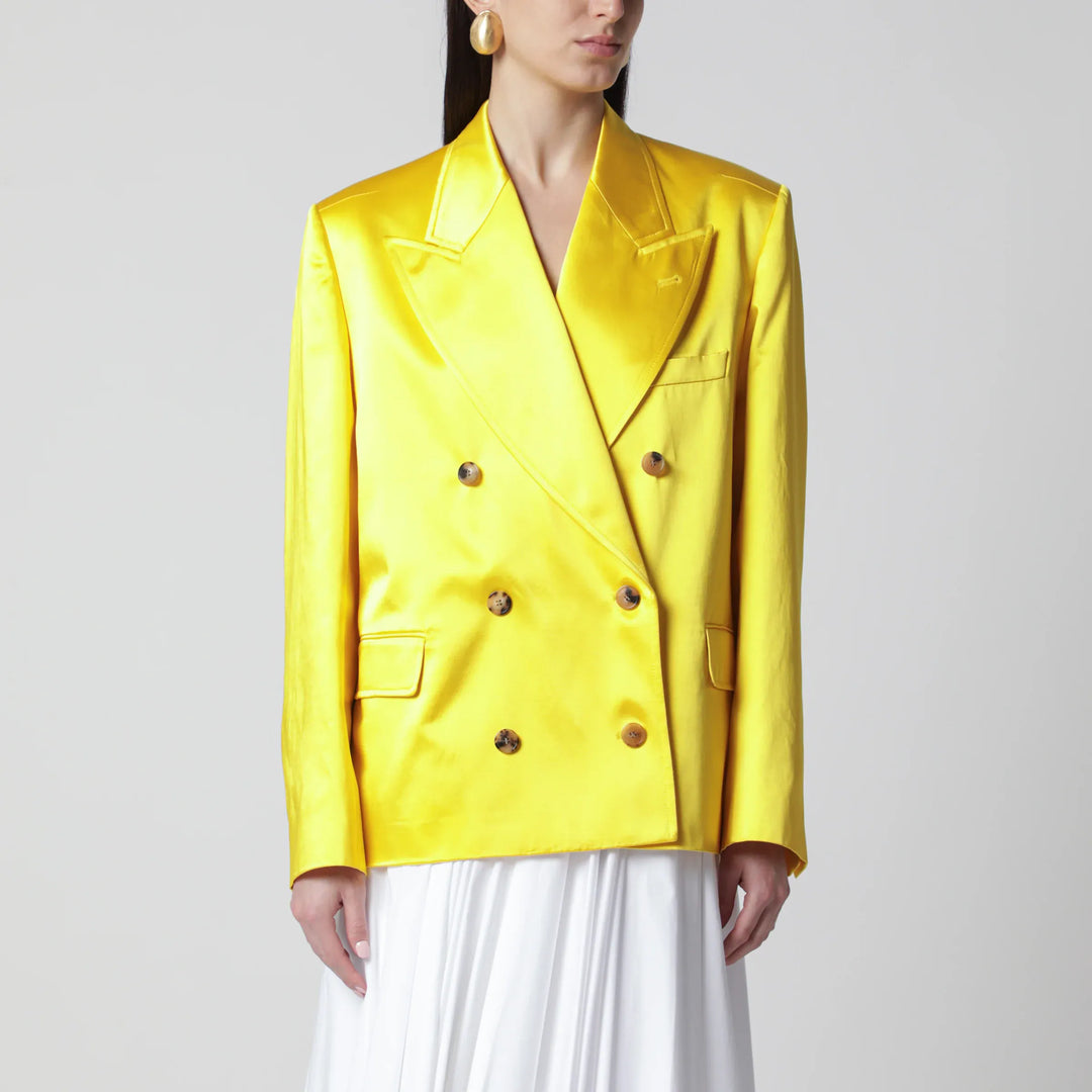 Dries Van Noten - Double-Breasted Cotton Blend Jacket Shiny Yellow Brand Coats &amp; Jackets S