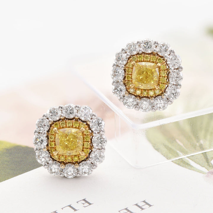 LEIBISH 1.15ct Fancy Intense Yellow Cushion Double Halo Earrings Brand Earrings