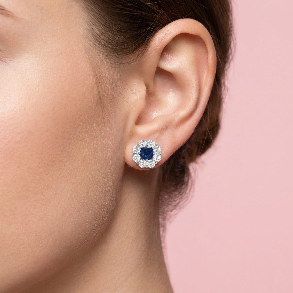 LEIBISH 1.24ct Round Blue Sapphire &amp; Diamond Halo Earrings Brand Earrings