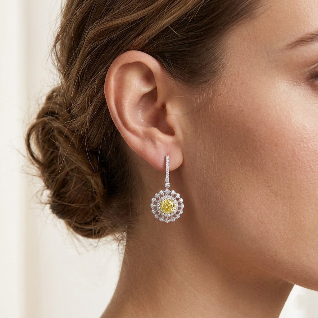 LEIBISH 1.55ct Fancy Yellow Round Brilliant Halo Drop Earrings Brand Earrings