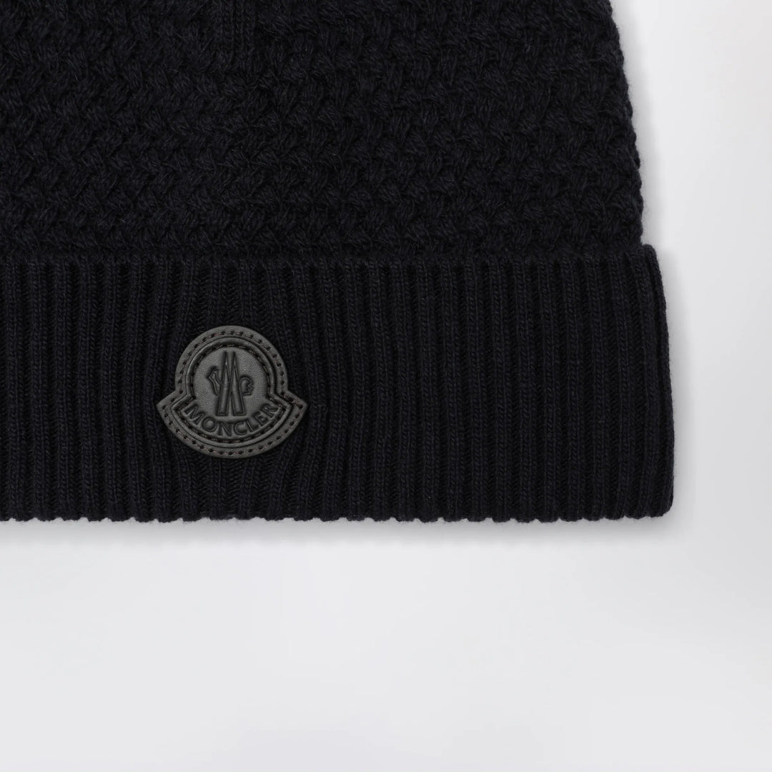 Moncler - Navy blue wool beanie with logo patch Brand Hats U