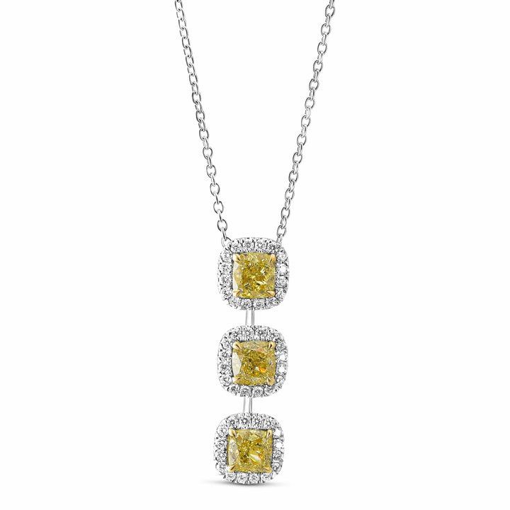 Fancy Intense Yellow Cushion 3 Stone Diamond Drop Halo Pendant Brand Necklace
