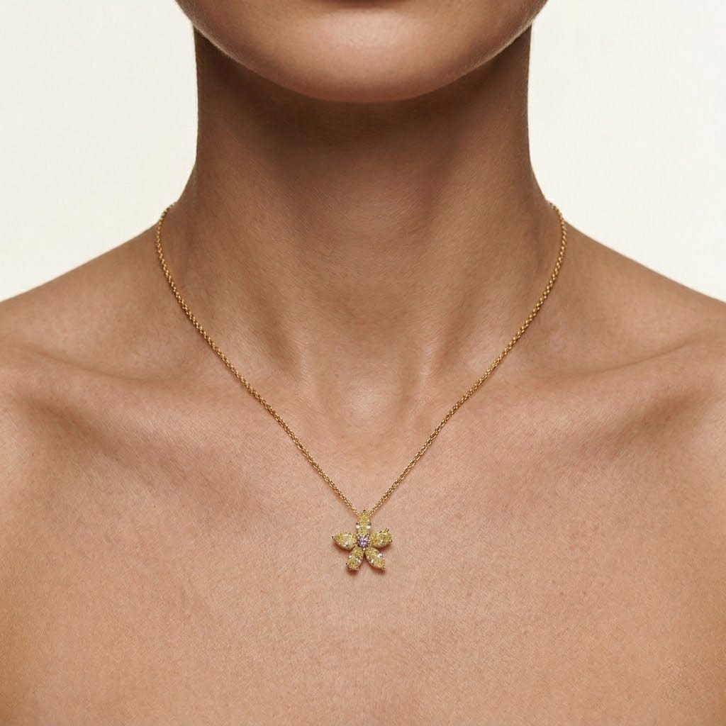 LEIBISH 1.19ct Fancy Yellow &amp; Orangy Pink Diamond Floral Pendant Brand Necklace