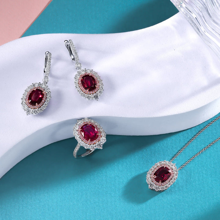 LEIBISH 2.29ct Pigeon Blood Ruby Double Halo Pendant Brand Necklace
