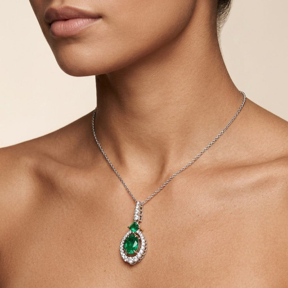 LEIBISH Oval Muzo Emerald & Diamond Floating Halo Pendant Brand Necklace