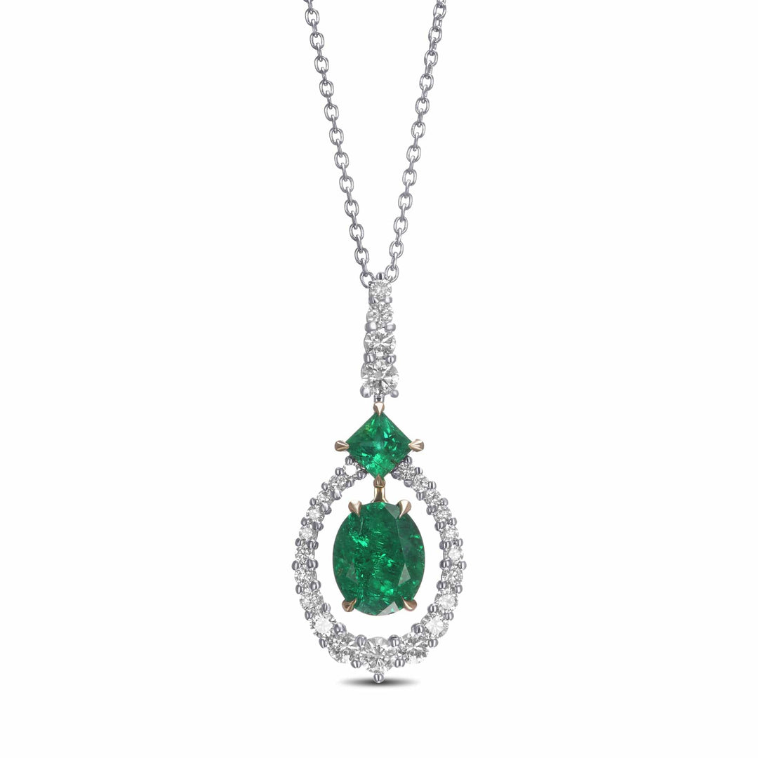 LEIBISH Oval Muzo Emerald &amp; Diamond Floating Halo Pendant Brand Necklace