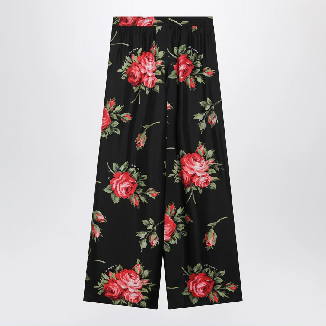 Dolce&amp;Gabbana - Wide twill trousers with rose bouquet print Brand Pants