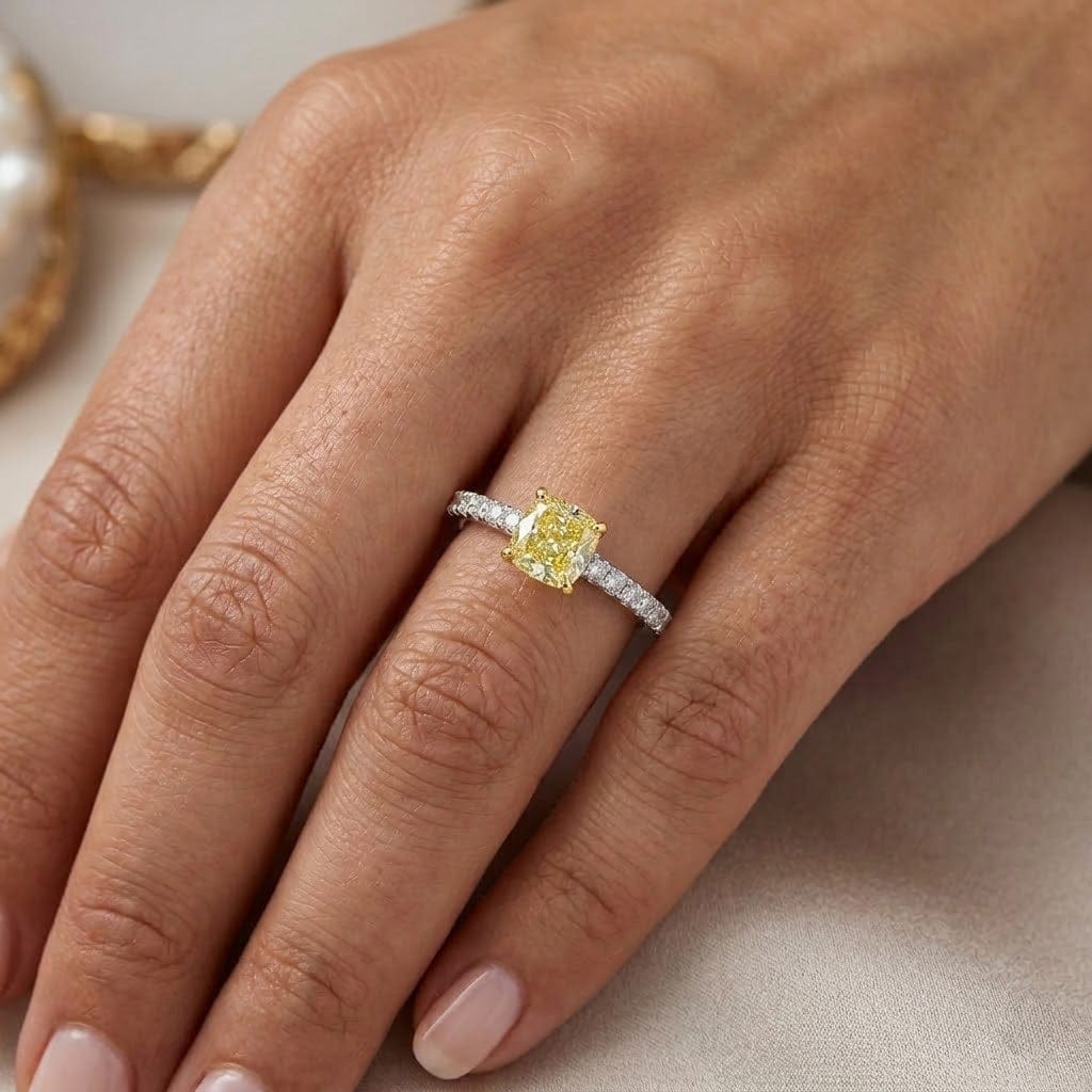 LEIBISH 0.75ct Fancy Yellow Cushion Pavé Diamond Ring Brand Ring