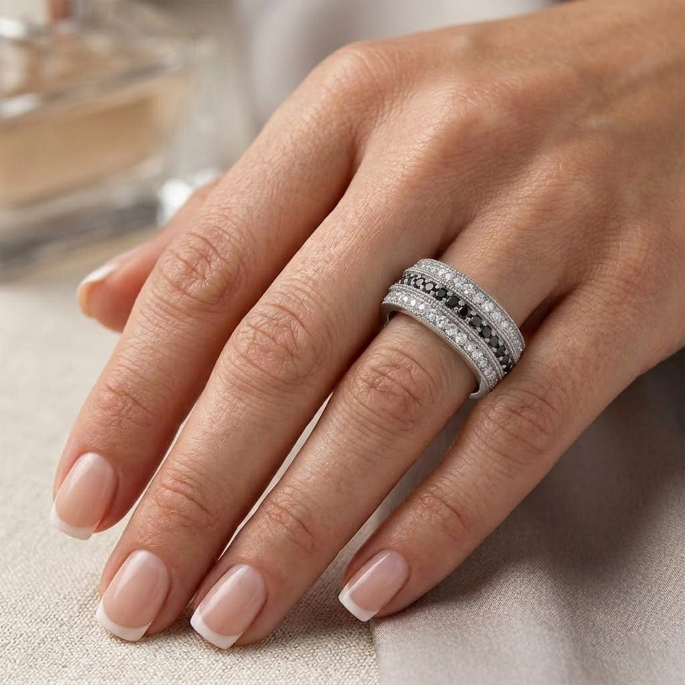 LEIBISH Black & White Diamond Milgrain Wedding Band Brand Ring