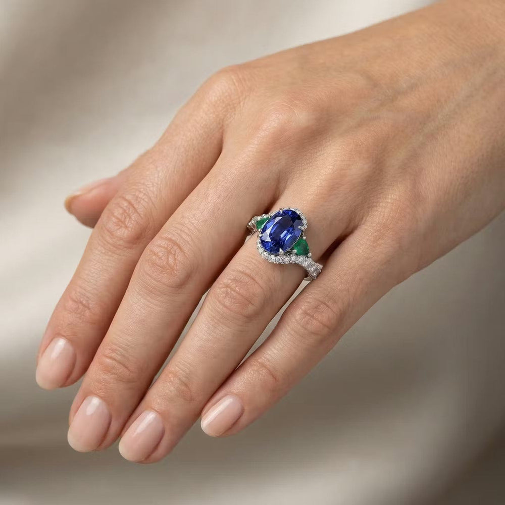 LEIBISH Royal Blue Sapphire, Pear Emerald & Diamond Couture Ring Brand Ring