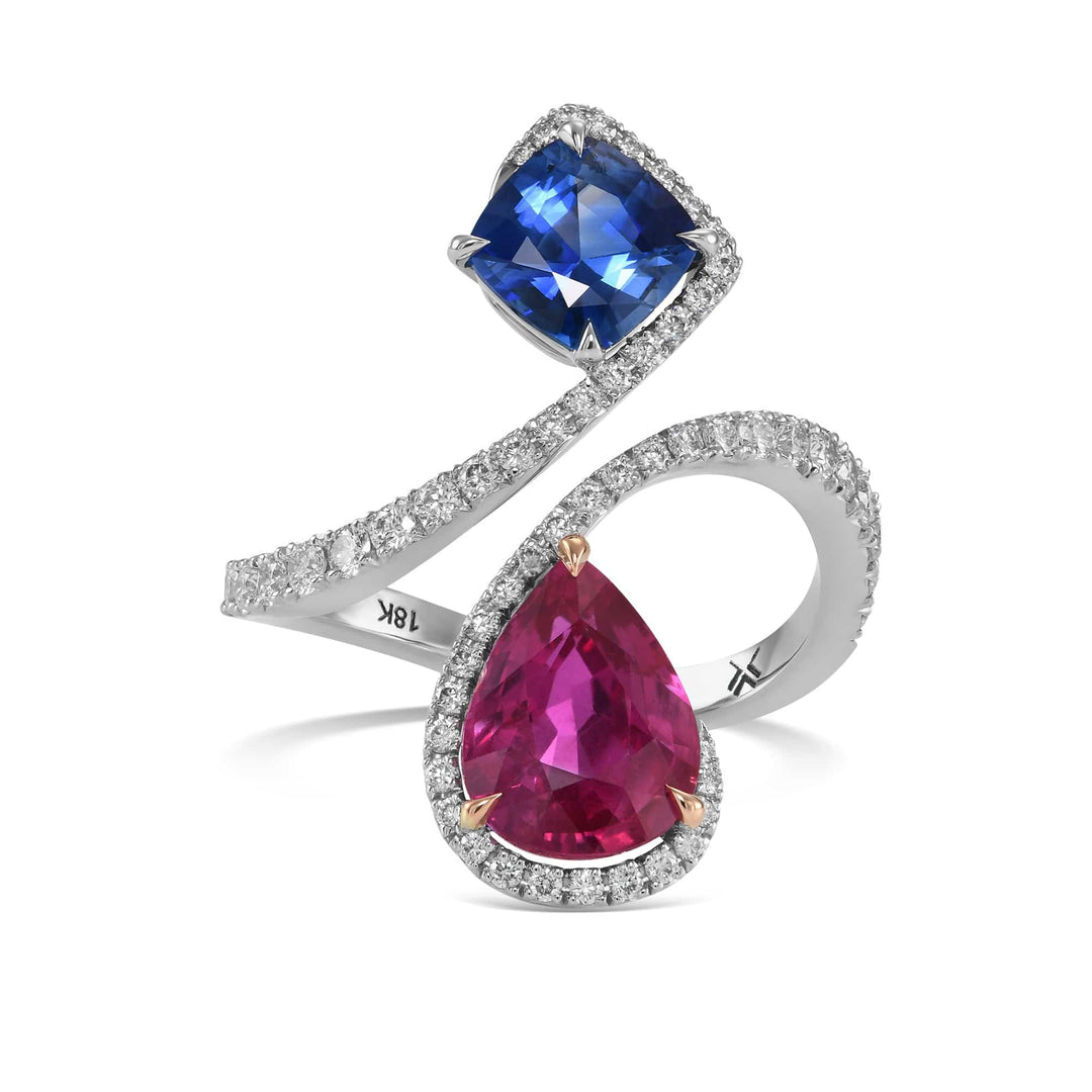 LEIBISH Ruby &amp; Blue Sapphire Two-Stone Diamond Crossover Ring Brand Ring