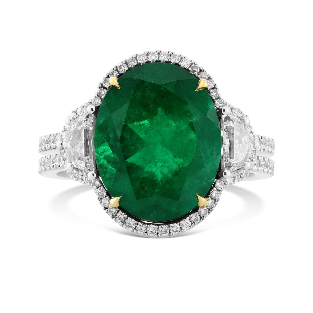Muzo Emerald & Cadillac Diamond Three-Stone Halo Ring Brand Ring