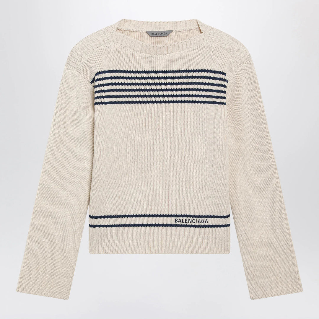 Balenciaga - Boat-neck ribbed cotton sweater in navy/white Brand Shirts &amp; Tops XS