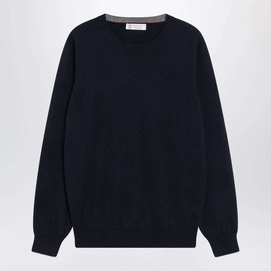 Brunello Cucinelli - Navy blue cashmere crewneck sweater with contrast trim Brand Shirts &amp; Tops 48 IT