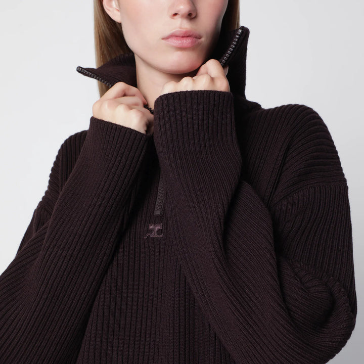 Courrèges - Dark burgundy ribbed zip sweater Brand Shirts &amp; Tops