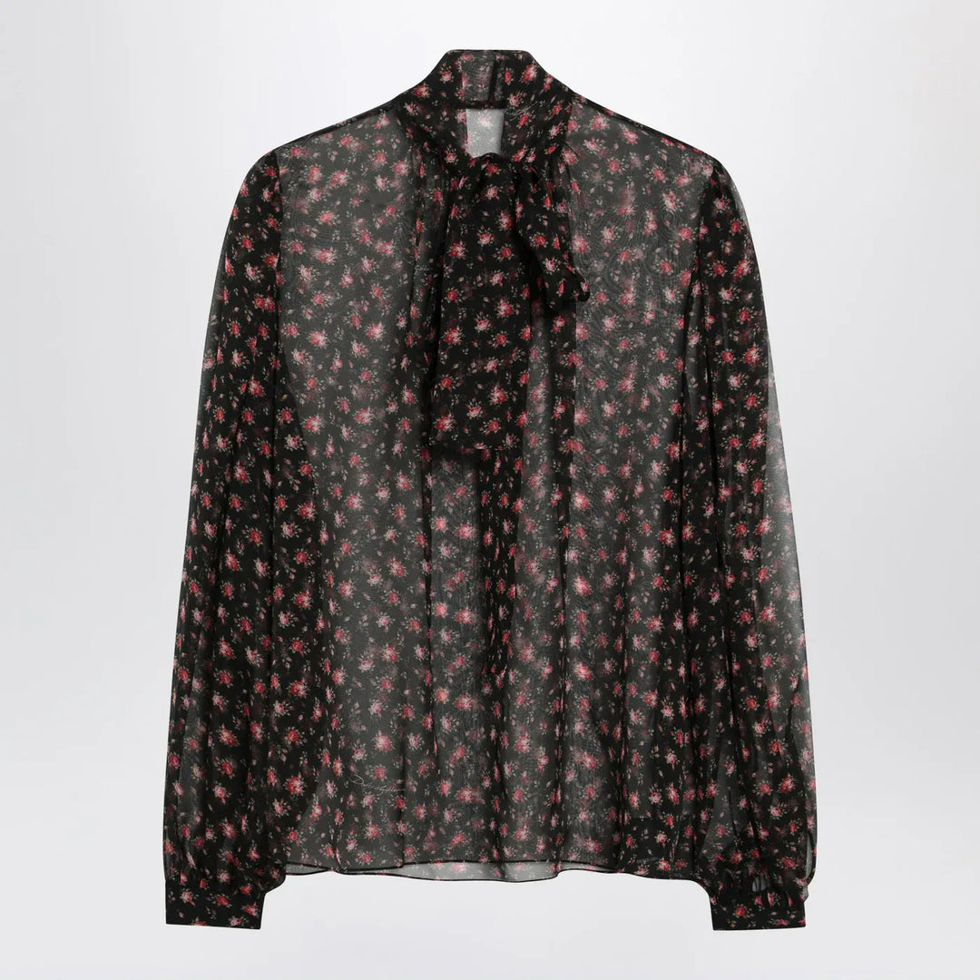 Dolce&amp;Gabbana - Black chiffon blouse with small rose print Brand Shirts &amp; Tops 42  IT