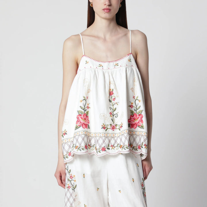 FARM Rio - Linen-blend top with floral embroidery Brand Shirts &amp; Tops XS