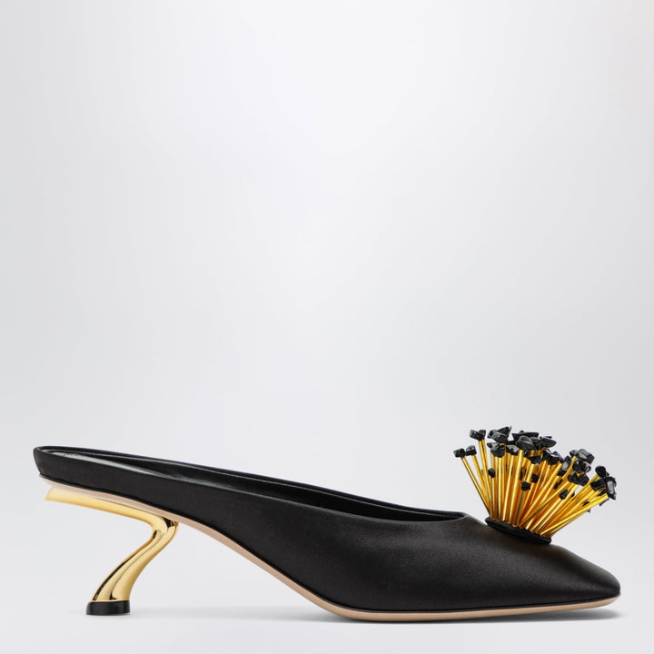 Shoes Ferragamo - Black mules with sculptural heel and crystal flower Brand