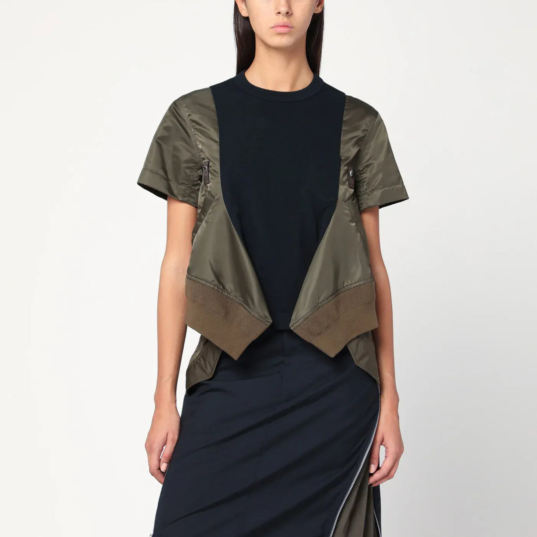 Sacai - Navy/kaki cotton and nylon T-shirt Brand T-Shirt 2