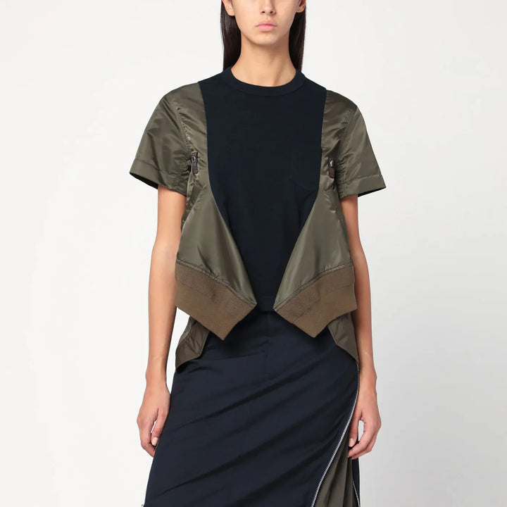 Sacai - Navy/kaki cotton and nylon T-shirt Brand T-Shirt 2