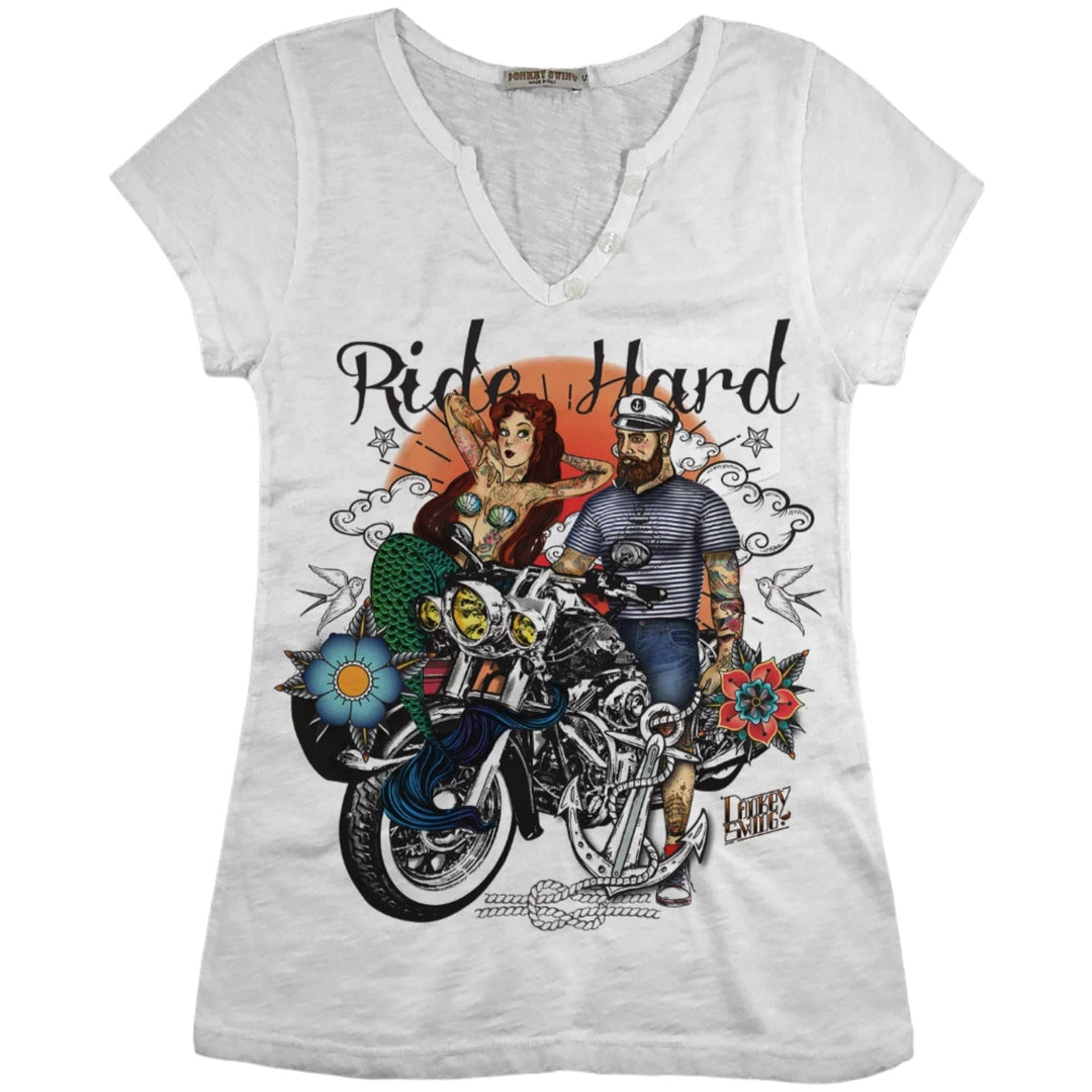 Vintabros T-shirt S / White Vintabros Ride Hard Cotton Women T-shirt V Neck Brand