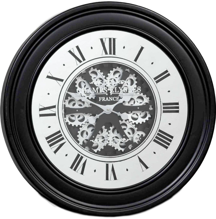 Chilli Wall Clock Miro' Round 80cm French Mirrored Moving Cogs Wall Clock - Black W/Silver Brand