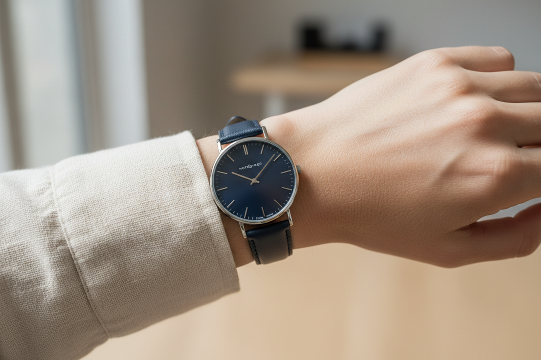 Nordgreen Native 32mm Navy Dial Vegan Leather watch worn on wrist, luxury lifestyle editorial