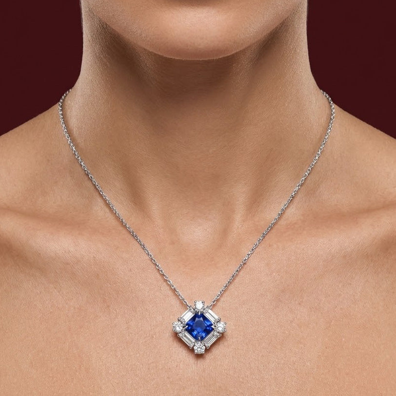 LEIBISH 0.92ct Cushion Blue Sapphire &amp; Baguette Diamond Pendant